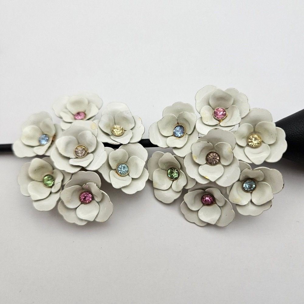 Vintage White Enamel Flower Cluster Clip On Earrings Multi Color Rhinestone 60s